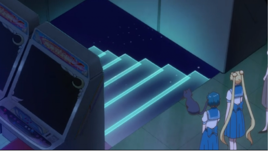 Luna shows the girls their secret headquarters, under the Sailor V arcade machine?!