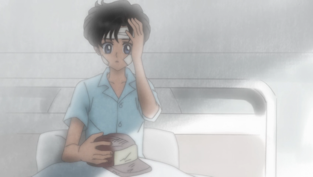 A six year old Mamoru after a car crash. Poor kid! 